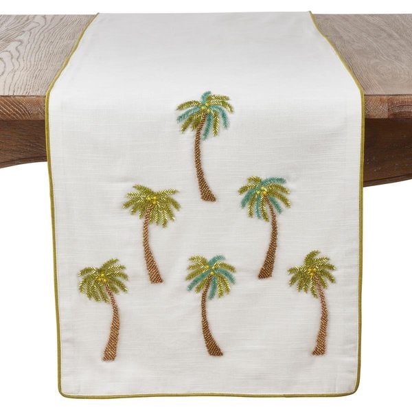 Saro Lifestyle SARO  16 x 72 in. Rectangular Cotton Table Runner with Beaded Palm Trees - White 1740.W1672B